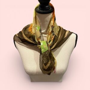 Beautiful vintage sheer silky Asian life theme earth tones scarf 27” x 27”
